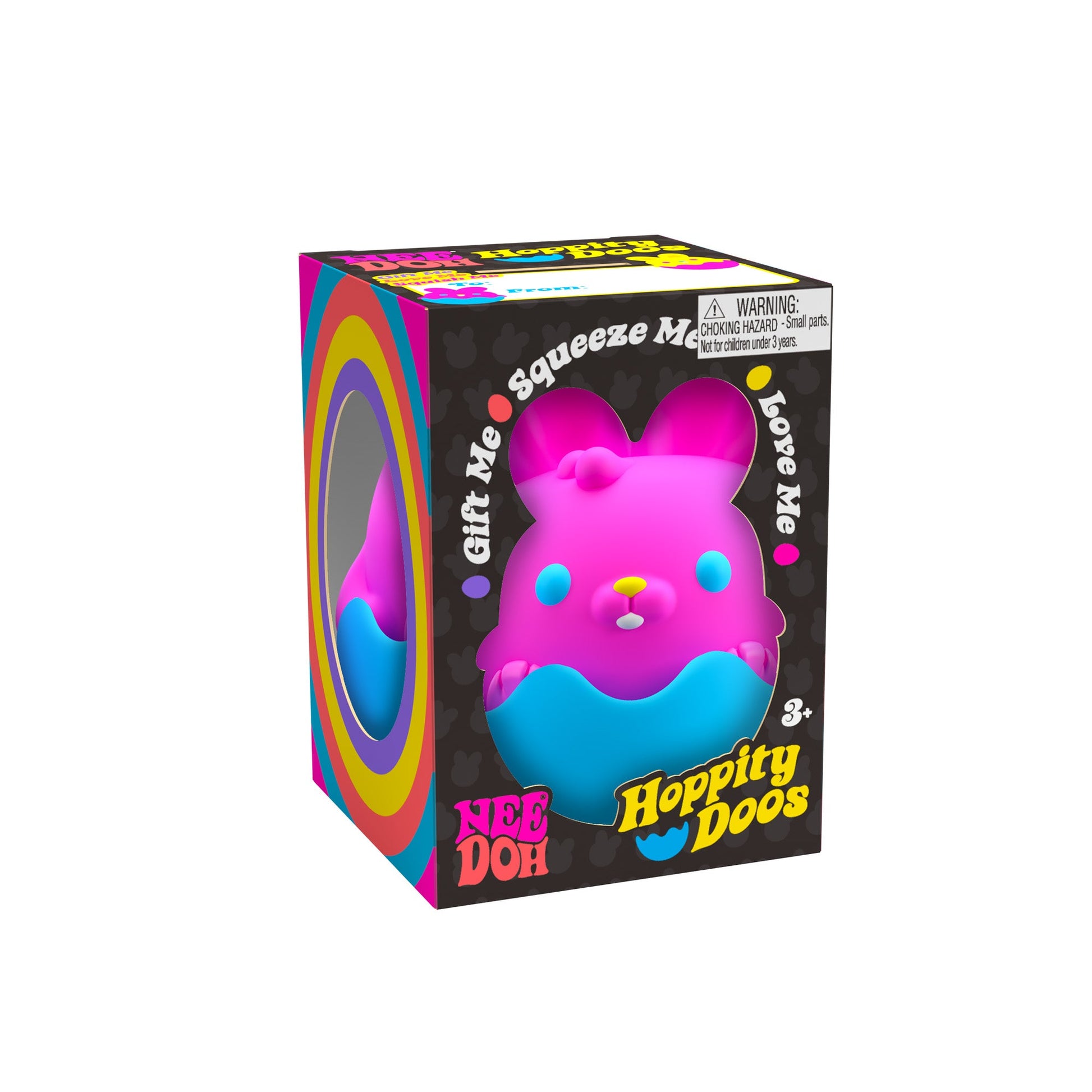 Hoppity Doos in the package. The package features a cute, pink bunny with a yellow nose and blue shell covering the lower body inside a colorful box.