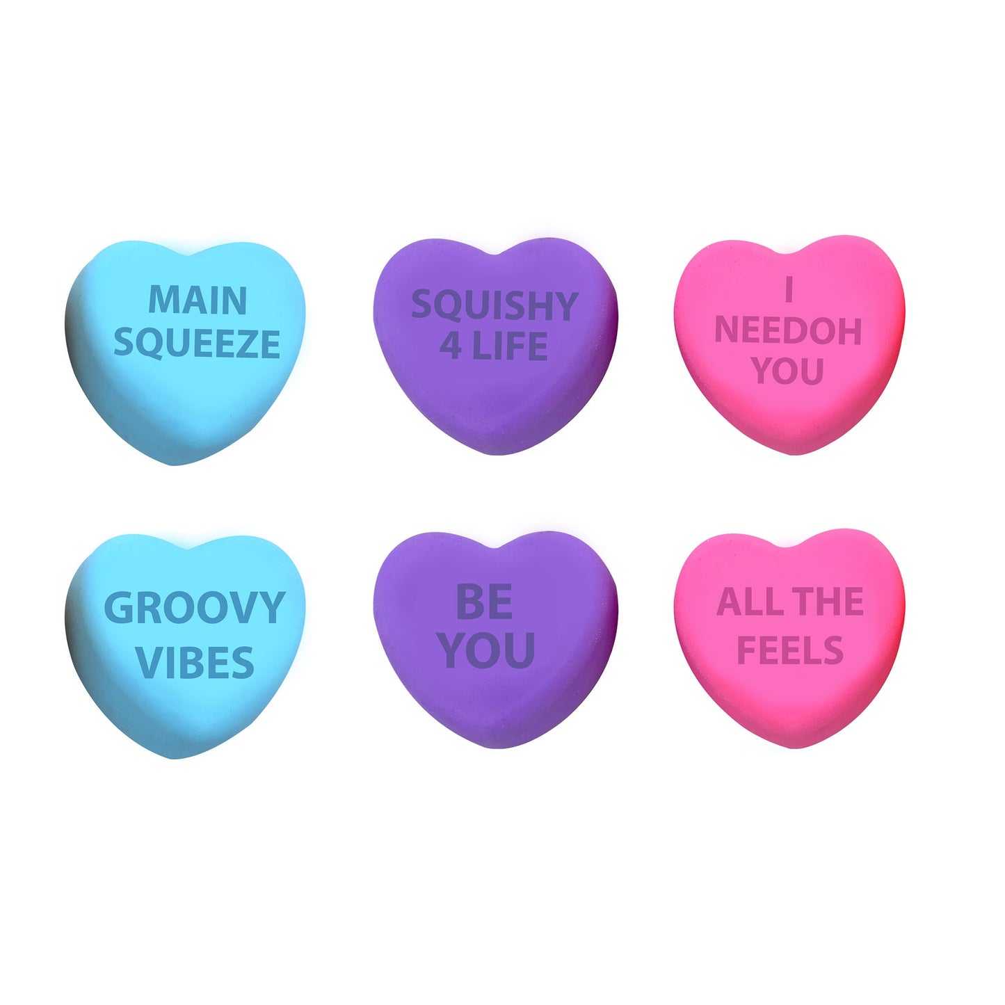 Six heart-shaped sensory toys arranged in two rows. The top row has blue, purple, and pink hearts labeled "MAIN SQUEEZE", "SQUISHY 4 LIFE", and "I YOU". The bottom row has blue, purple, and pink hearts labeled "GROOVY VIBES", "BE YOU", and "ALL THE FEELS".