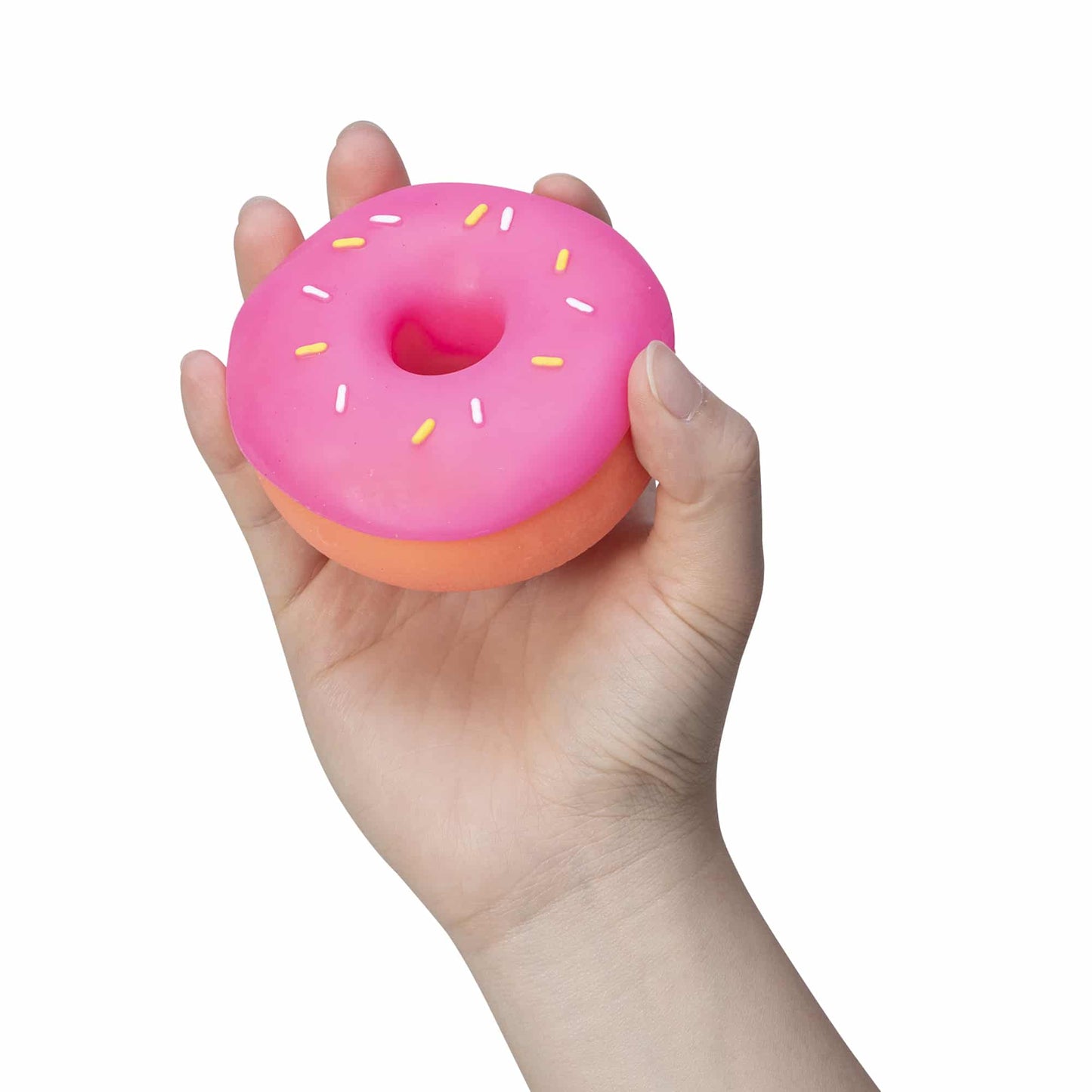 Dohnuts Orange with Prink Frosting and Sprinkles in Hand