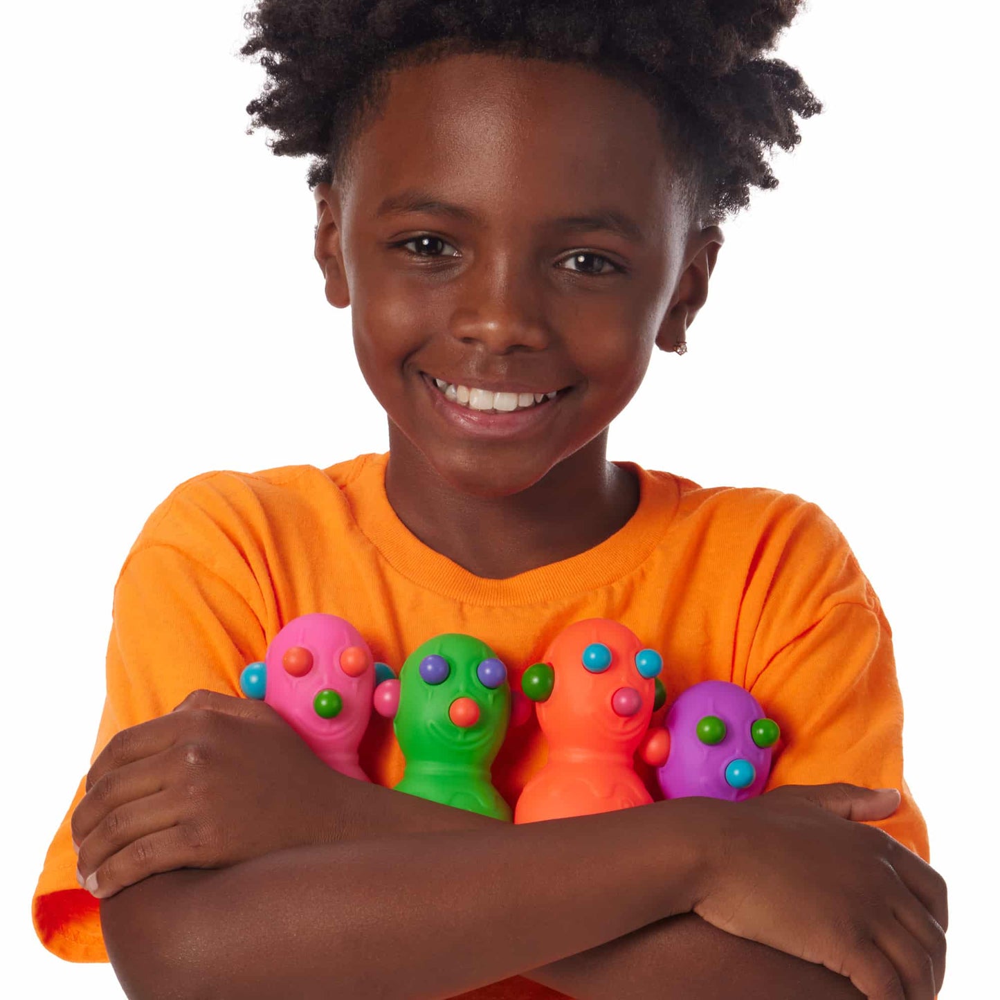 Panic Pete Lifestyle with boy hugging all 4 Panic Pete colors
