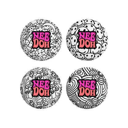 Four different black-and-white patterned Press-Doh sensory squish balls. Patterns include mushrooms, smiley faces, flowers, and stars. Text on each reads "".