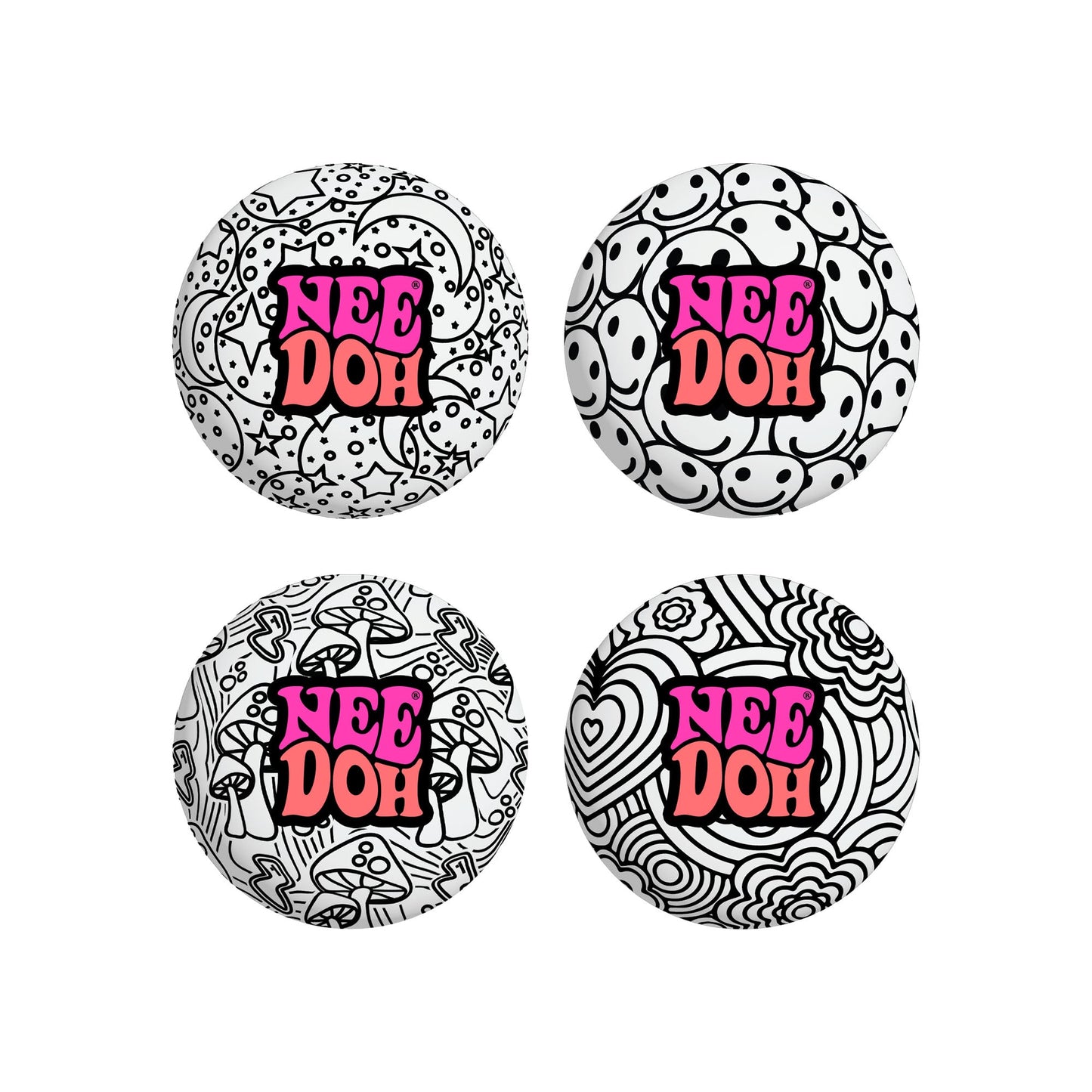 Four different black-and-white patterned Press-Doh sensory squish balls. Patterns include mushrooms, smiley faces, flowers, and stars. Text on each reads "".