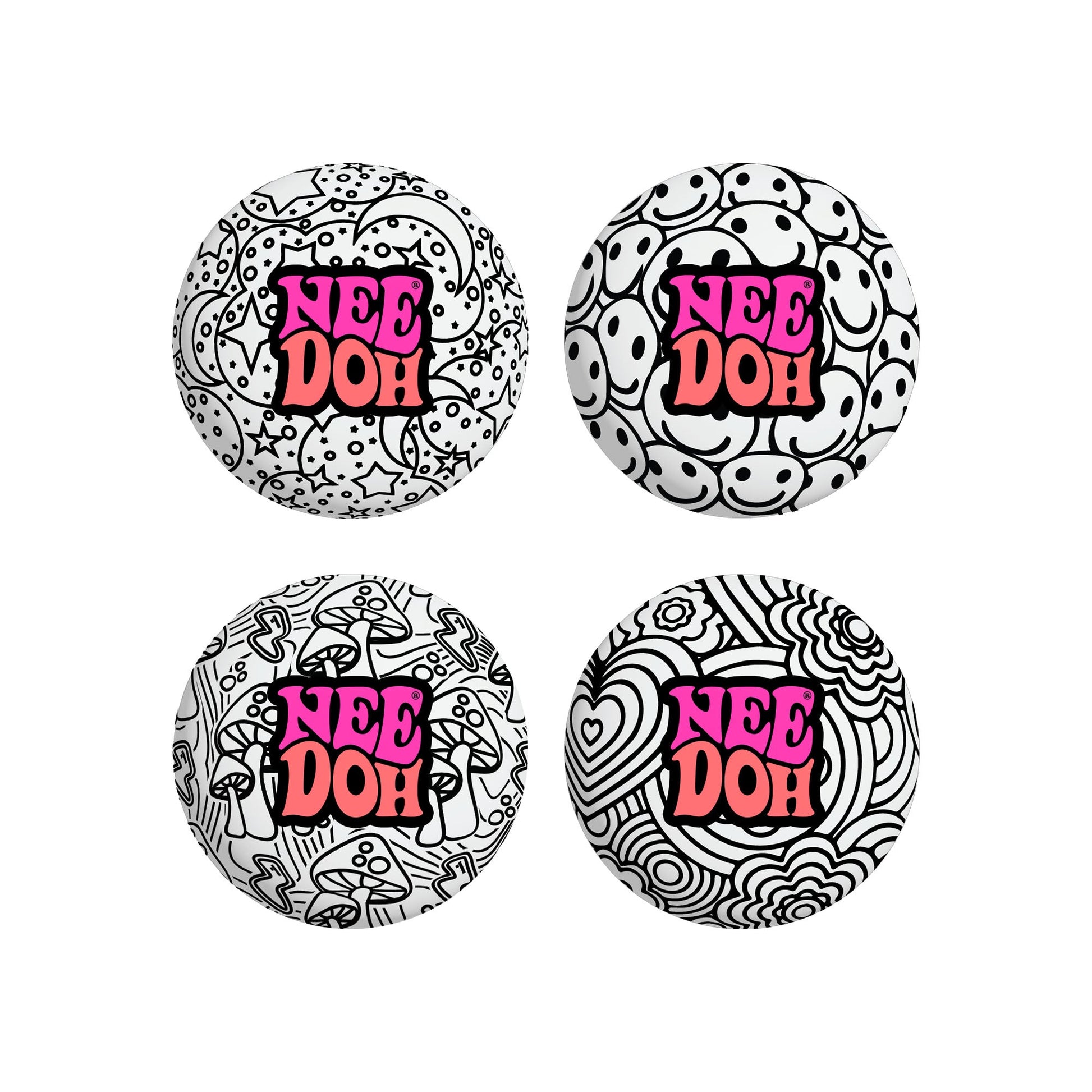 Four different black-and-white patterned Press-Doh sensory squish balls. Patterns include mushrooms, smiley faces, flowers, and stars. Text on each reads "".