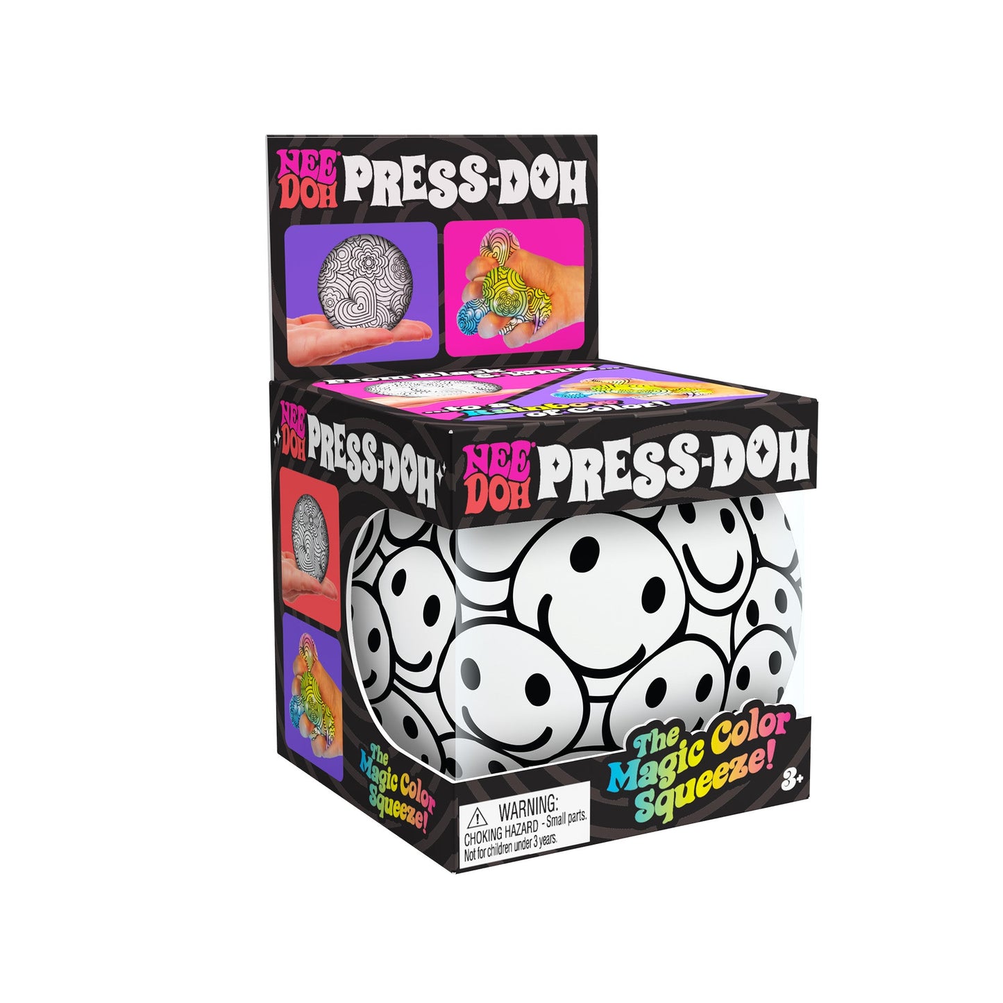 Packaging of the Press-Doh with vibrant text and images. It features the tagline, "The Magic Color Squeeze!" A warning about the choking hazard for small parts is visible at the bottom. Suitable for ages 3+.
