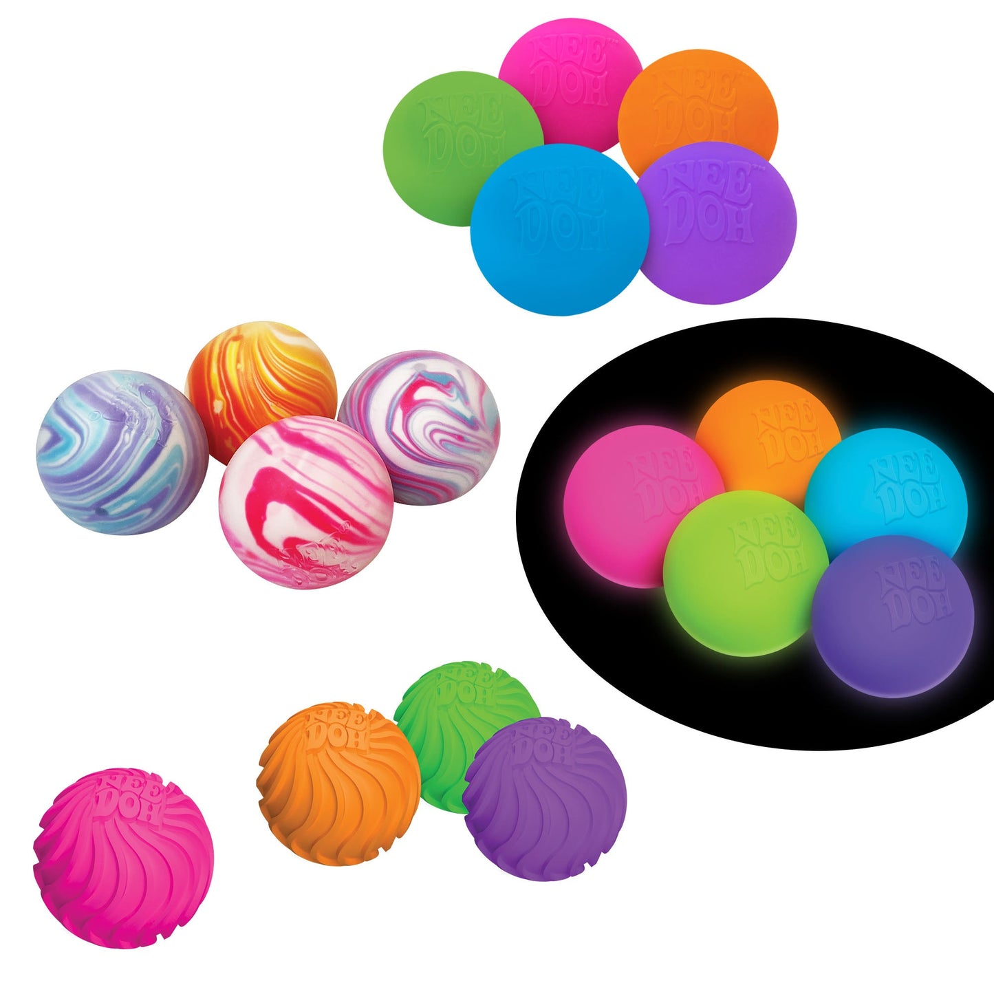 Four groups of Teenie sensory squish balls. The top group is the original Teenie , the middle right group is the Glow in the Dark Teenie , the middle left group is the Teenie Swirl, and the bottom group is the Teenie Ripples.