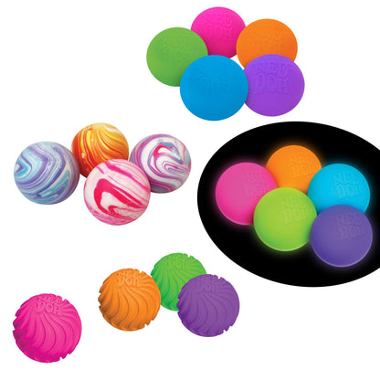 Four groups of Teenie sensory squish balls. The top group is the original Teenie , the middle right group is the Glow in the Dark Teenie , the middle left group is the Teenie Swirl, and the bottom group is the Teenie Ripples.