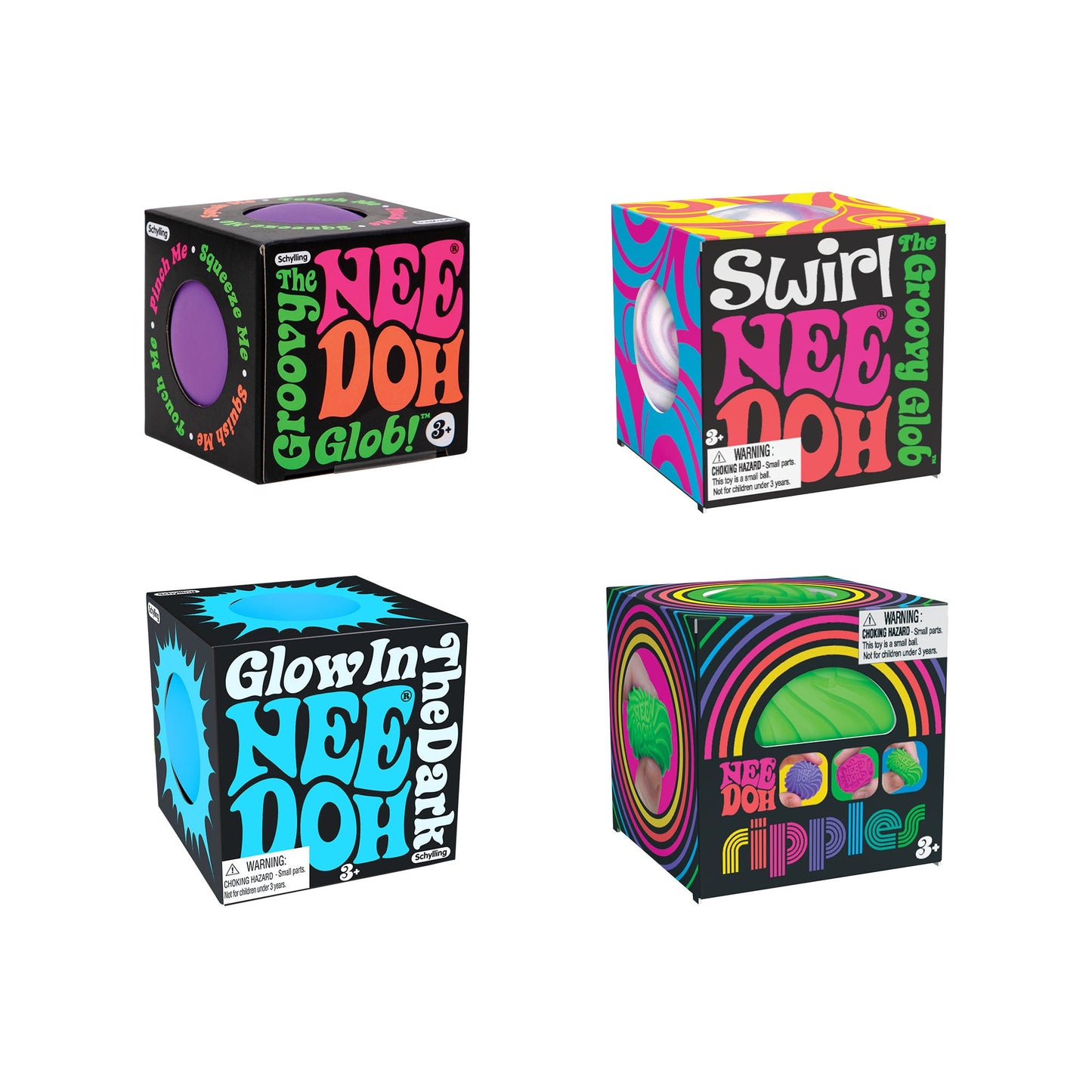 Four boxes, each featuring a different small ball inside. The top left is the original Teenie , the top right is the Teenie Swirl, the bottom left is the Glow in the Dark Teenie , and the bottom right is the Teenie Ripples. Each box includes a circular window and a warning label stating it's for ages 3 and up.