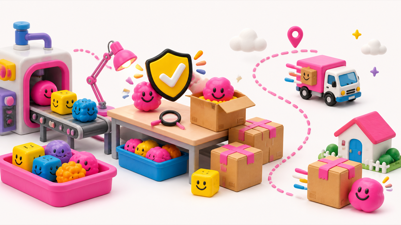 Illustration of NeeDoh products being quality checked, packed, and shipped